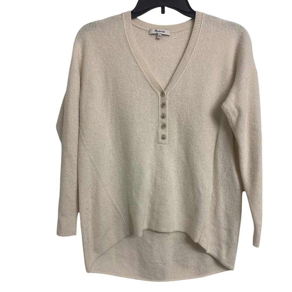 Madewell Cream Waffle Knit Henley V-Neck Sweater High Low Hem XS